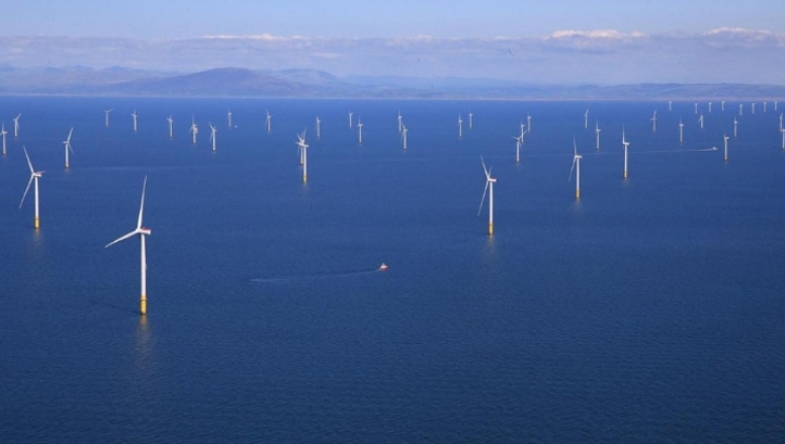 Pictured: Cumbria's Walney Extension wind farm, the largest offshore wind array in the world